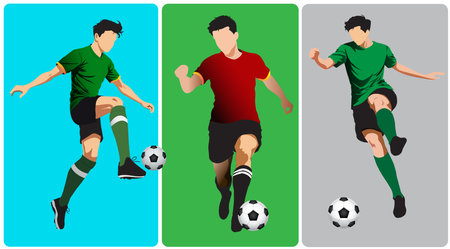 set of soccer player in different poses on a colored background. vector illustrationのイラスト素材