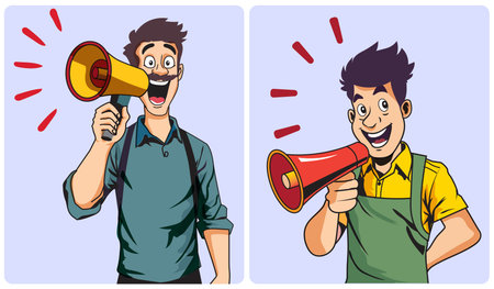 Vector cartoon illustration of a man shouting through a megaphone.のイラスト素材