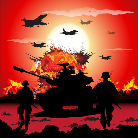 War Concept. Military silhouettes fighting scene on sunset background. Vector illustrationのイラスト素材