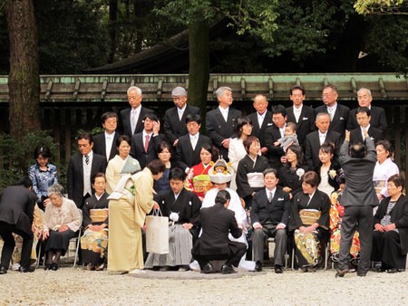 HARAJUKU,TOKYO - MARCH 25, 2012: Celebration of a typical wedding ceremony in Meiji Jingu Shrine Harajuku Tokyo, Japan.のeditorial素材