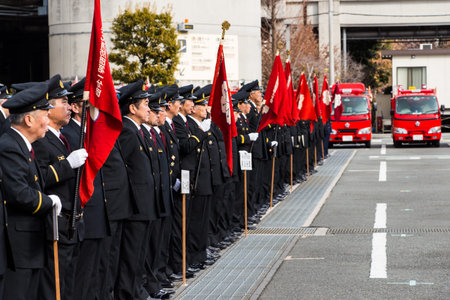 Kanagawa, Japan - January 5  the Kanagawa Fire Department kicks off each new year with a display of...