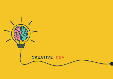 Light bulb with the maze human brain. Creative idea thinking outstanding, inspiration, brainstorm and imagination development. Badge sign template light bulb empty copy space. Vector illustrationのイラスト素材