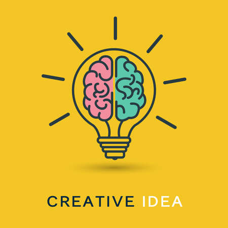 Light bulb with the maze human brain. Creative idea thinking outstanding, inspiration, brainstorm and imagination development. Light bulb with human brain icon sign meaning education learning. Vector illustrationのイラスト素材