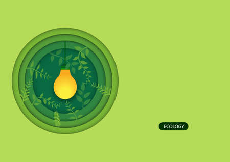Light bulb with green energy and alternative sources concept. Ecology and environment sustainable resources conservation. Paper art of green. Vector illustration.のイラスト素材