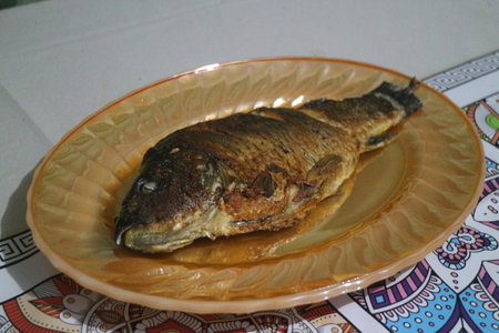 Fried fish in a plate on a table. Close-up.の写真素材