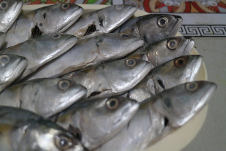 Mackerels on a plate in a fish shop in the marketの写真素材