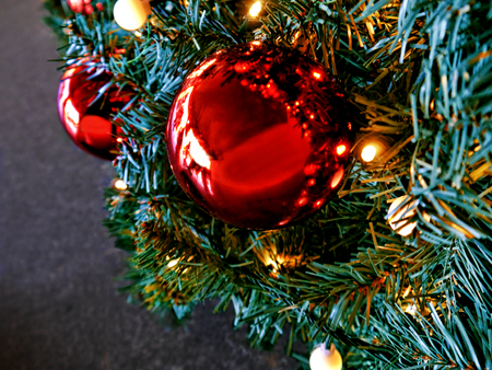 Christmass tree in girlands and toys. December 2017, Sokcho city, South Koreaのeditorial素材