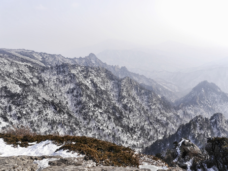 View of the beautiful mountains from the high peak of the Seoraksan mountains. South Koreaの写真素材