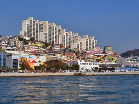 Panorama from the sea to Yeosu city. South Korea. January 2018のeditorial素材