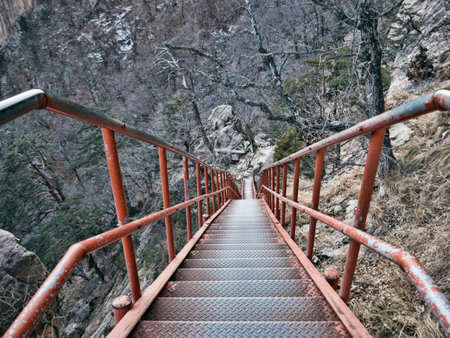 Long staircase leading down from the mountains. Seoraksan National Park. South Korea
