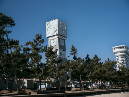 Gangneung city / South Korea - February 2018: Big tower with the clock in Gangnaung city
