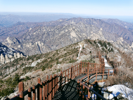 Stairs down and beautiful mountains of Seoraksan National Park. South Koreaの写真素材