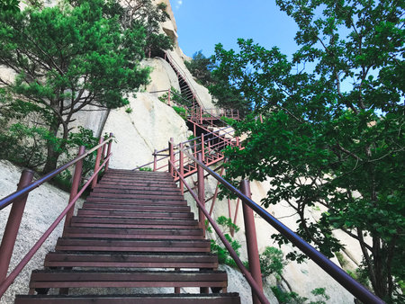 Stairs up and beautiful mountains of Seoraksan National Park. South Koreaの写真素材
