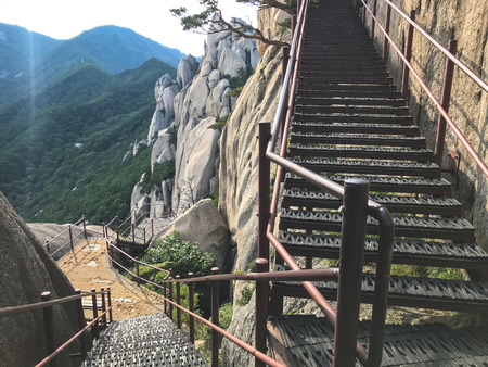 Stairs up and beautiful mountains of Seoraksan National Park. South Koreaの写真素材
