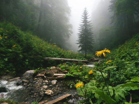 Chamomile in the beautiful forest of Caucasus mountains in fog. Russia