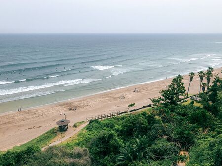Spring day on the beach of Jeju Island, South Korea. View from air.の写真素材