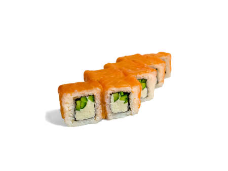 Uramaki roll california isolated on white background. Japanese sushi roll with salmon, cucumber and california cheese.の写真素材