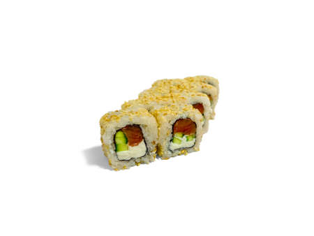 Uramaki roll california isolated on white background. Japanese sushi roll with tuna, cucumber, sesame and california cheese.の写真素材