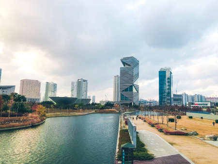 Incheon city, South Korea - Autumn 2021: Big buildings in City Park of Incheon city.のeditorial素材