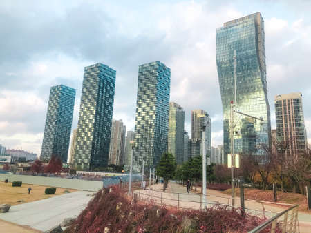Incheon city, South Korea - Autumn 2021: Big buildings in City Park of Incheon city.のeditorial素材