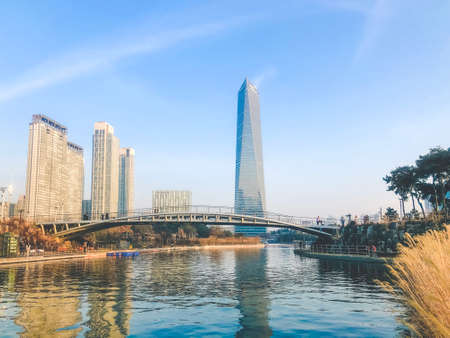 Autumn in Central Park of Incheon city. High buildings under a lake. South Koreaのeditorial素材