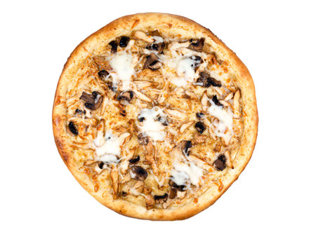 Pizza with cheez and mushrooms isolated on white backgroundの写真素材