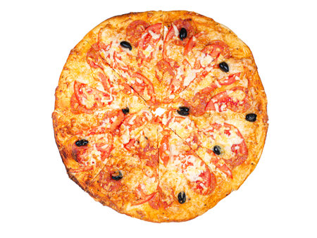 Pizza with cheese and tomato isolated on white backgroundの写真素材