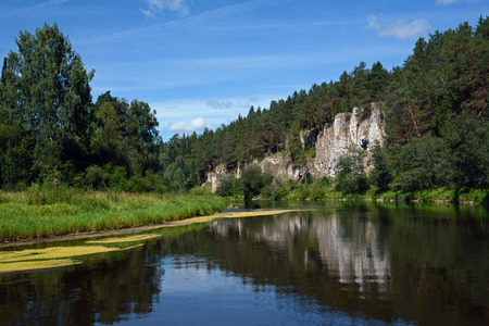 Cliff "St. George Rock" on the shore of Chusovaya river, Sverdlovsk Region, Russia.の写真素材