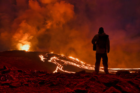 Observing an eruption of Fagradalsfjall volcano on Reykjanes Peninsula, Icelandの写真素材