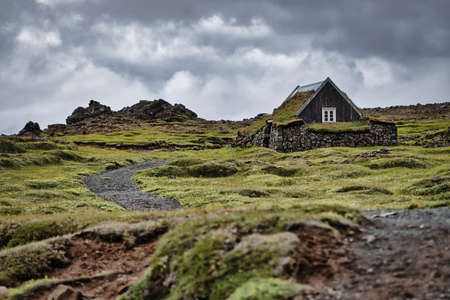 Icelandic traditional turf house at Hveravellir on the F-35 KjÃ¶lur in the Highlandsの写真素材