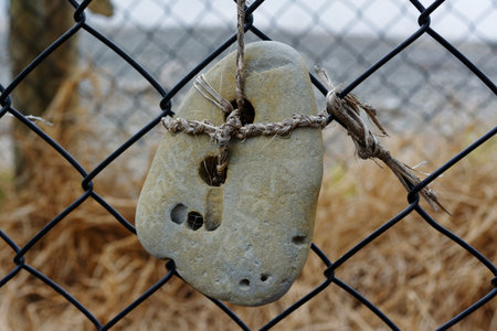 Natural art, using a stone's natural holes to tie it to a wire fence