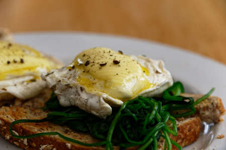 Butter melts down a sunny side up poached egg, which is on a bed of wilted spinach, on full grain toast.の写真素材