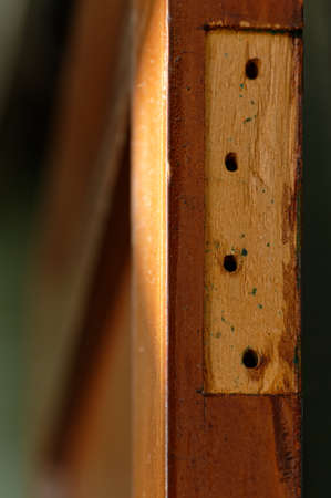 A door has been taken off its hinges. There are holes left in the solid wooden door where the screws will go and a mortice has been cut in the wood for the hinge.の写真素材
