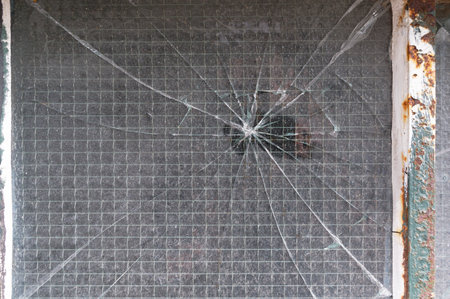 Cracks radiate from a central impact point on a reinforced window.の写真素材
