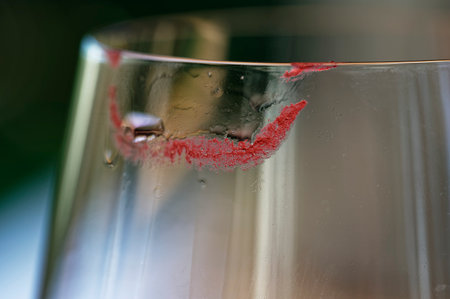 A dishwasher is going to have difficulty getting the red lipstick off the wine glass. Why does it stick better to the glass than your lips?の写真素材