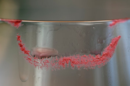 Red lipstick has been left on a wine glass, it is always difficult to get offの写真素材