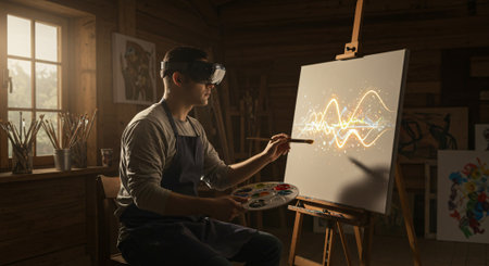 Painter using AR headset with AI brushstrokes projected onto canvas in rustic studioの素材