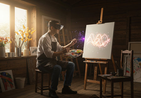 Painter using AR headset with AI brushstrokes projected onto canvas in rustic studioの素材