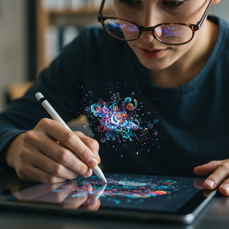 Close up of woman drawing with stylus on digital tablet at tableの素材