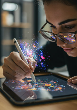 Close up of woman using tablet with creative hologram. Technology conceptの素材
