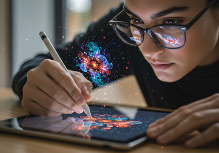 Close up of businesswoman using tablet with abstract glowing atom hologramの素材