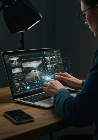 Woman working on laptop at table in dark room. Technology concept.の素材