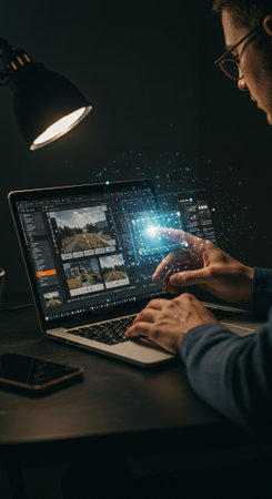 Businessman working on laptop at night in dark office. Toned imageの素材