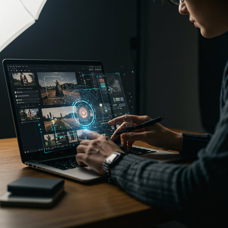 businessman working with mobile phone and laptop computer in dark office at nightの素材