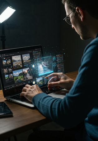 Side view of young caucasian man in eyeglasses working on laptop in dark room with glowing screens.の素材