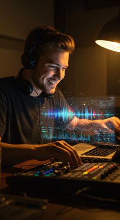 Young handsome man playing video games at night in dark room with glowing lightsの素材