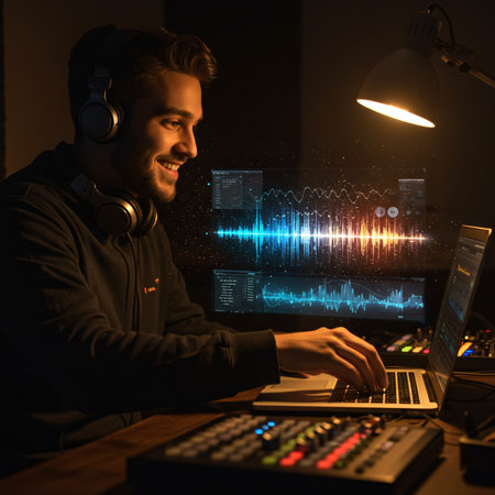 Handsome young man in headphones working with laptop at night in dark roomの素材