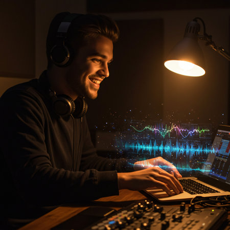 Handsome young man in headphones playing computer games at night in dark roomの素材