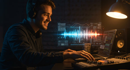 Handsome young man in headphones working at night in recording studioの素材