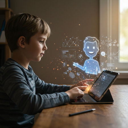 Boy using tablet with medical icons on screen. Healthcare and medicine conceptの素材